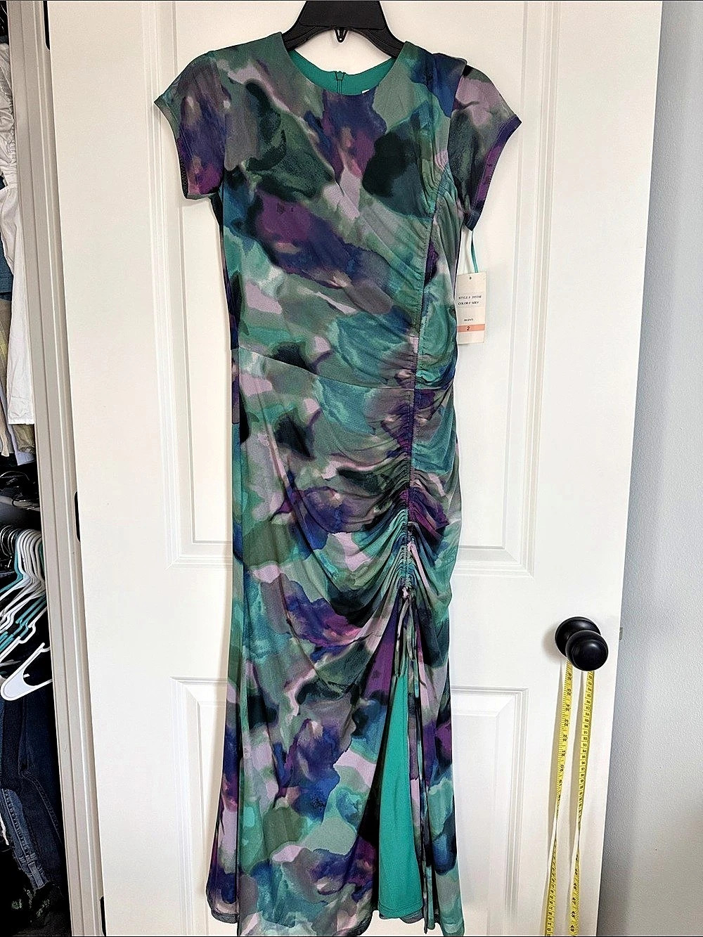 TAYLOR Abstract Ruched Maxi Dress Green & Purple Size 2